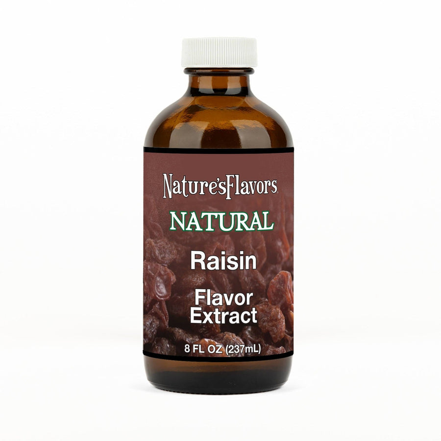 An 8 fl oz amber glass bottle of Nature's Flavors Raisin Flavor Extract, Natural with a white cap, centered on a white background.