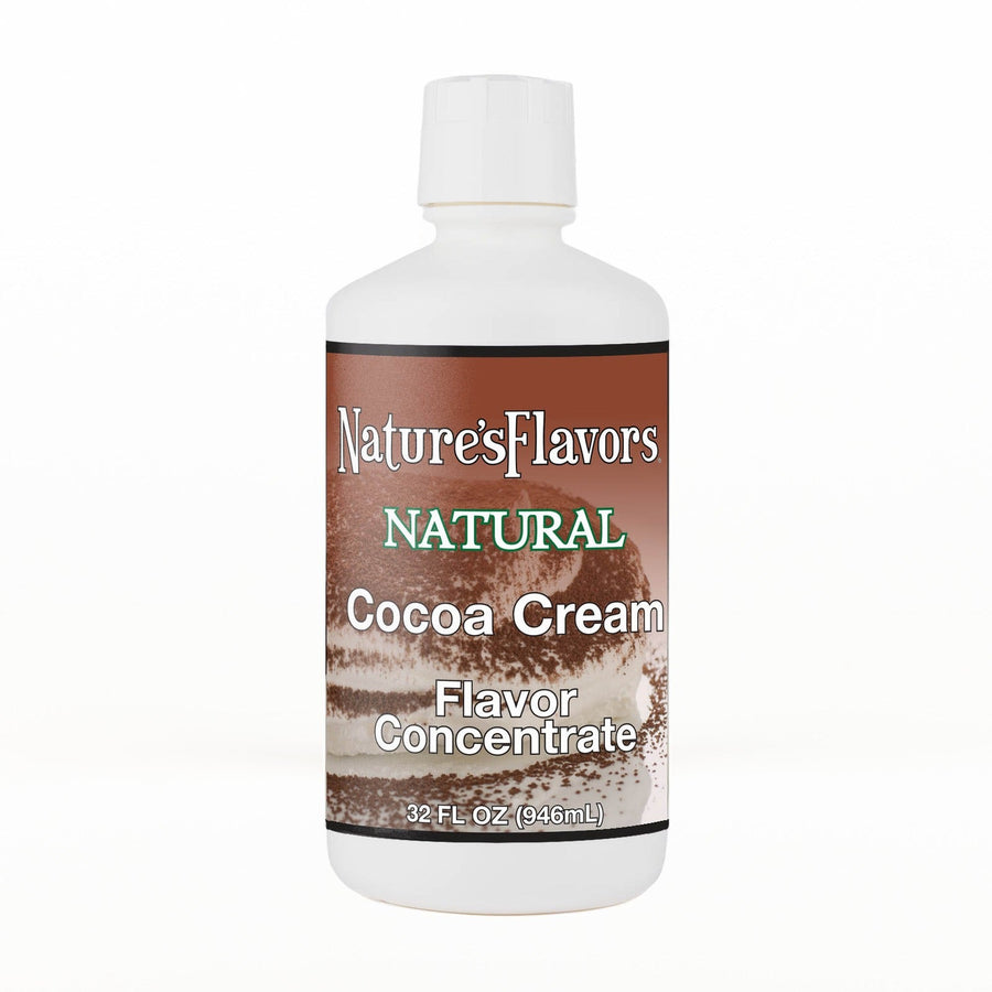 A 32 fl oz white plastic bottle of Nature's Flavors Cocoa Cream Flavor Concentrate, Natural with a white cap, centered on a white background.