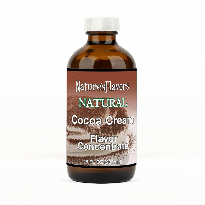 An 8 fl oz amber glass bottle of Nature's Flavors Cocoa Cream Flavor Concentrate, Natural with a white cap, centered on a white background.