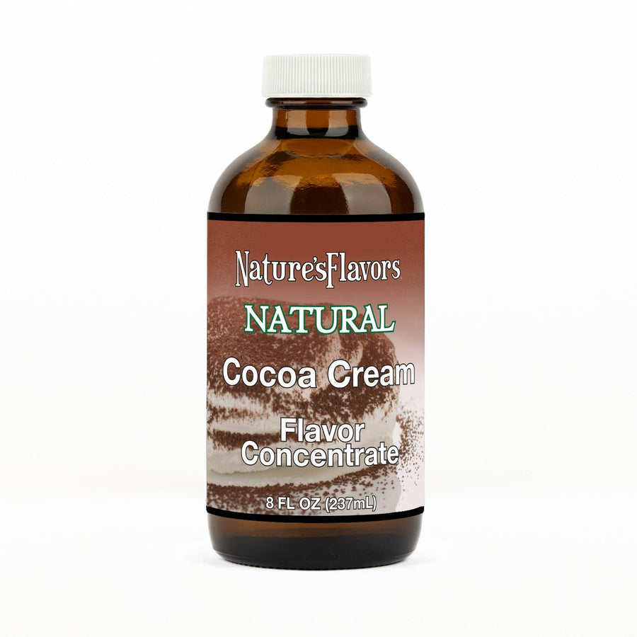 An 8 fl oz amber glass bottle of Nature's Flavors Cocoa Cream Flavor Concentrate, Natural with a white cap, centered on a white background.