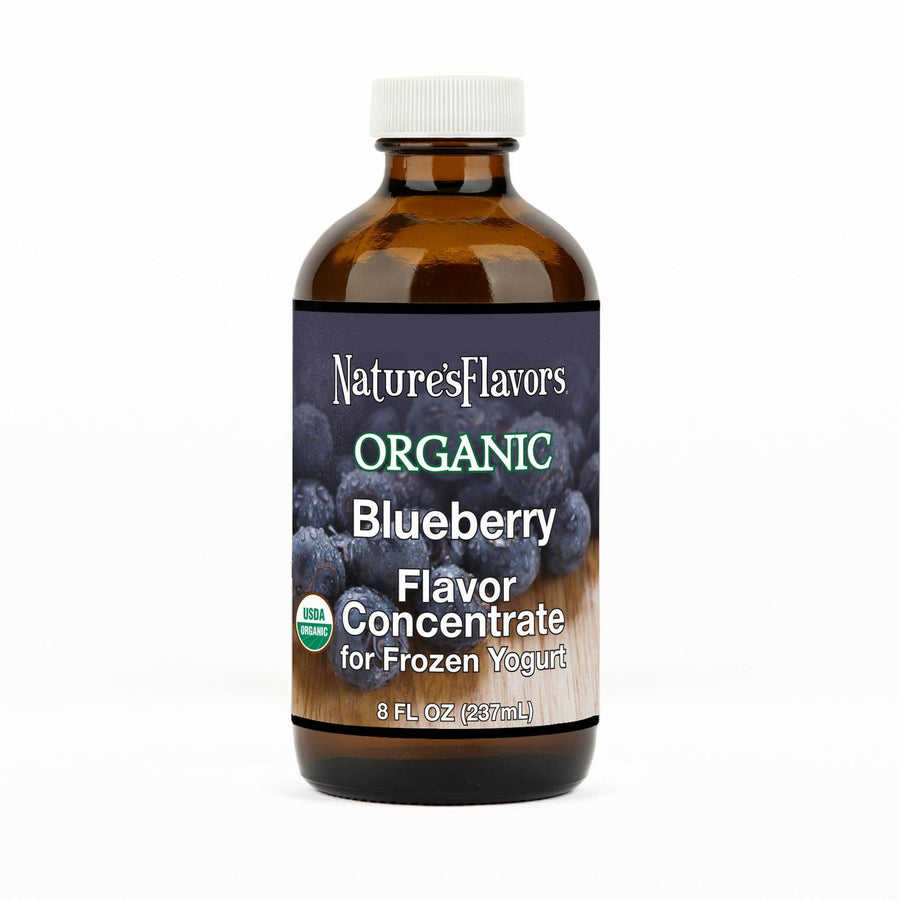 An 8 fl oz amber glass bottle of Nature's Flavors Organic Blueberry Flavor Concentrate for Frozen Yogurt with a white cap, centered on a white background.