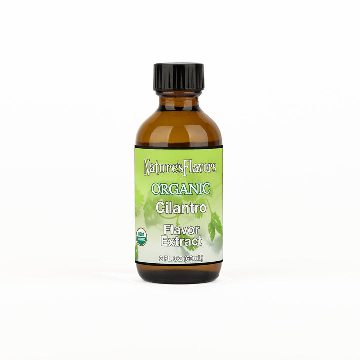 A 2 fl oz amber glass bottle of Nature's Flavors Cilantro Flavor Extract, Organic with a black cap, centered on a white background.