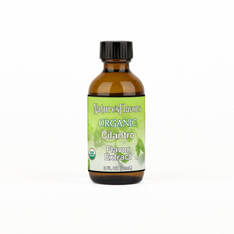 A 2 fl oz amber glass bottle of Nature's Flavors Cilantro Flavor Extract, Organic with a black cap, centered on a white background.