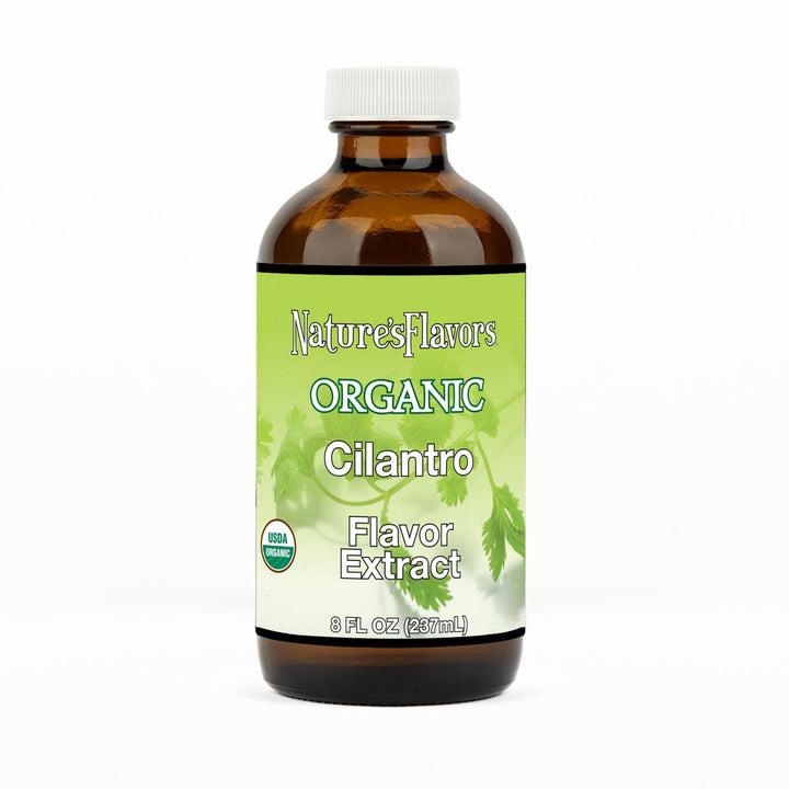 An 8 fl oz amber glass bottle of Nature's Flavors Cilantro Flavor Extract, Organic with a white cap, centered on a white background.