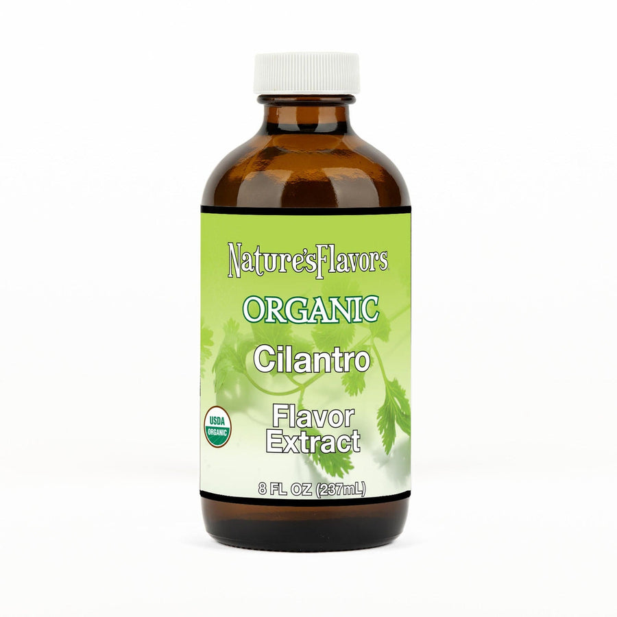 An 8 fl oz amber glass bottle of Nature's Flavors Cilantro Flavor Extract, Organic with a white cap, centered on a white background.