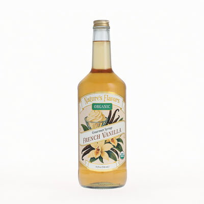 A bottle of Nature's Flavors Organic French Vanilla Gourmet Syrup on a clean white background.