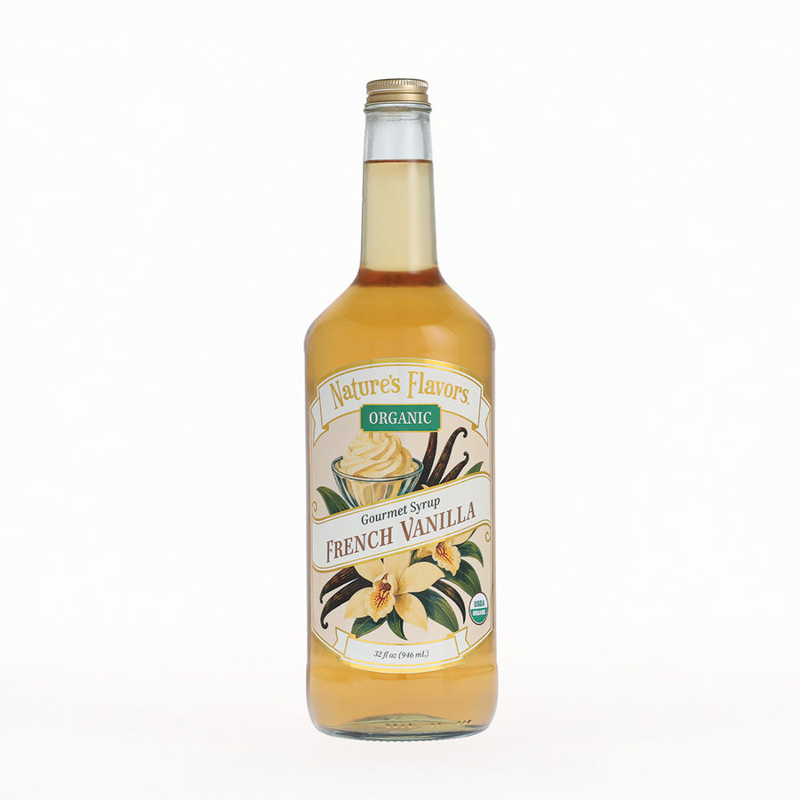 A bottle of Nature's Flavors Organic French Vanilla Gourmet Syrup on a clean white background.