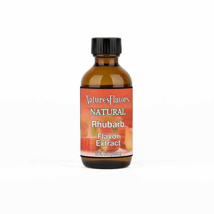 A 2 fl oz amber glass bottle of Nature's Flavors Rhubarb Flavor Extract, Natural with a black cap, centered on a white background.