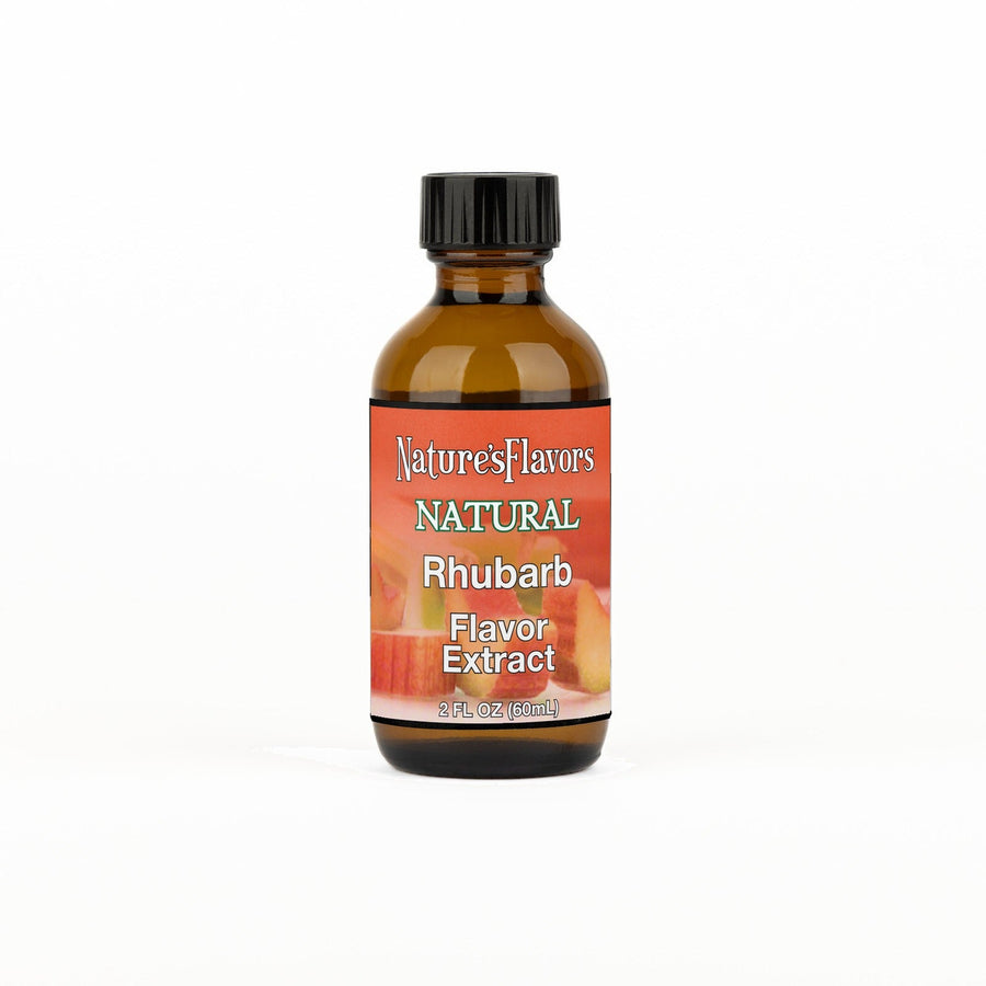 A 2 fl oz amber glass bottle of Nature's Flavors Rhubarb Flavor Extract, Natural with a black cap, centered on a white background.