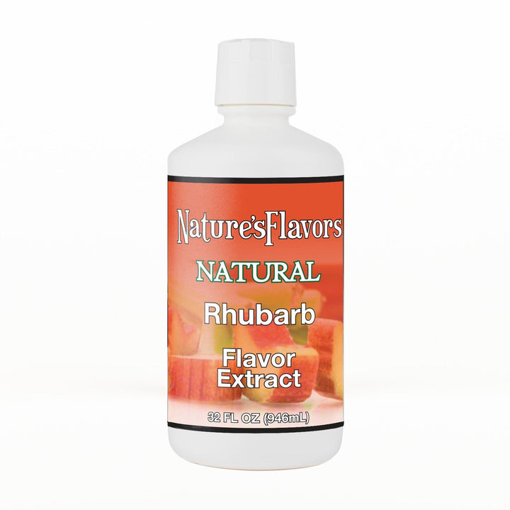 A 32 fl oz white plastic bottle of Nature's Flavors Rhubarb Flavor Extract, Natural with a white cap, centered on a white background.