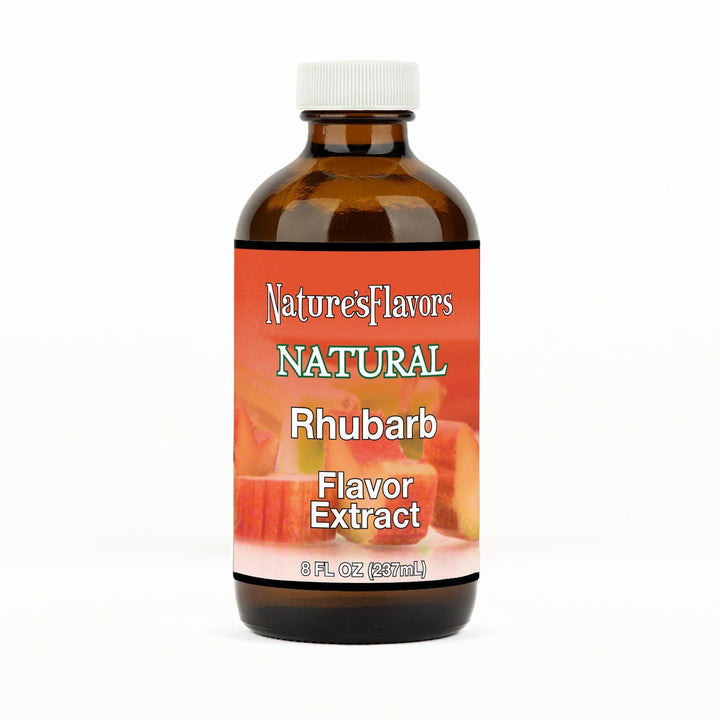An 8 fl oz amber glass bottle of Nature's Flavors Rhubarb Flavor Extract, Natural with a white cap, centered on a white background.