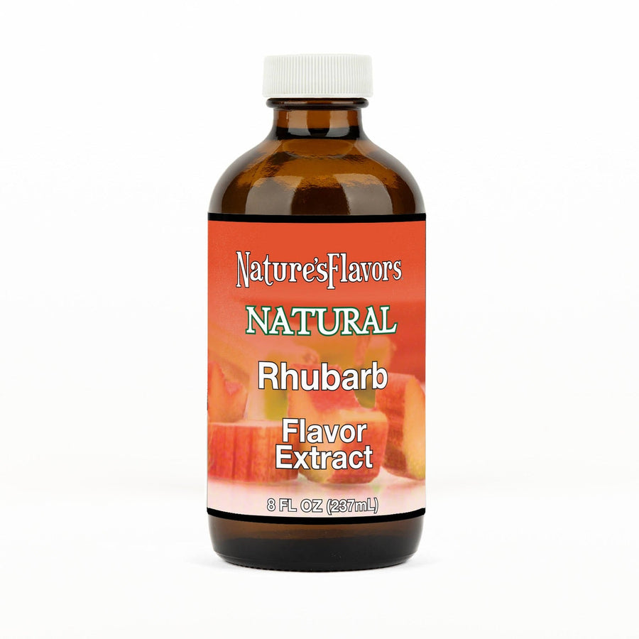 An 8 fl oz amber glass bottle of Nature's Flavors Rhubarb Flavor Extract, Natural with a white cap, centered on a white background.