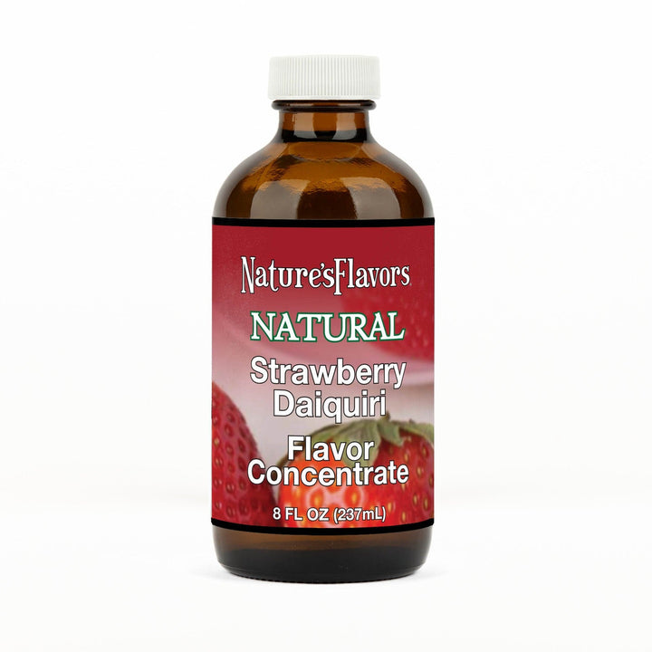An 8 fl oz amber glass bottle of Nature's Flavors Strawberry Daiquiri Flavor Concentrate, Natural with a white cap, centered on a white background.