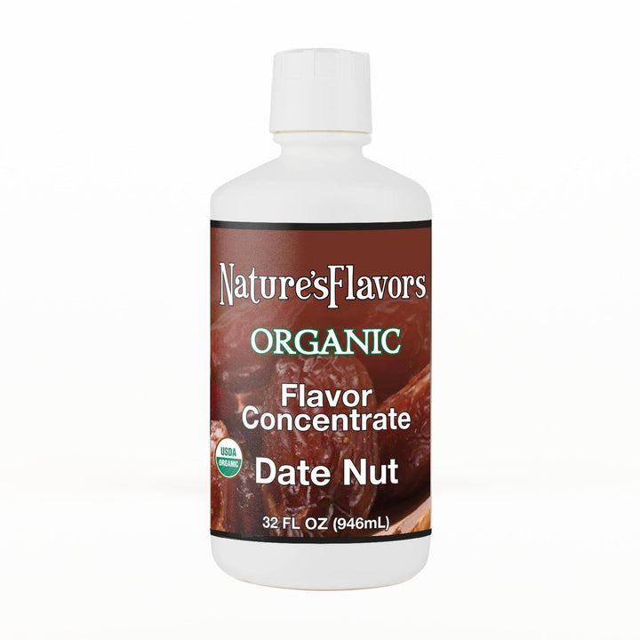 A 32 fl oz white plastic bottle of Nature's Flavors Organic Flavor Concentrate, Date Nut with a white cap, centered on a white background.
