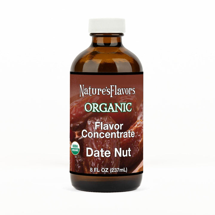 An 8 fl oz amber glass bottle of Nature's Flavors Organic Flavor Concentrate, Date Nut with a white cap, centered on a white background.