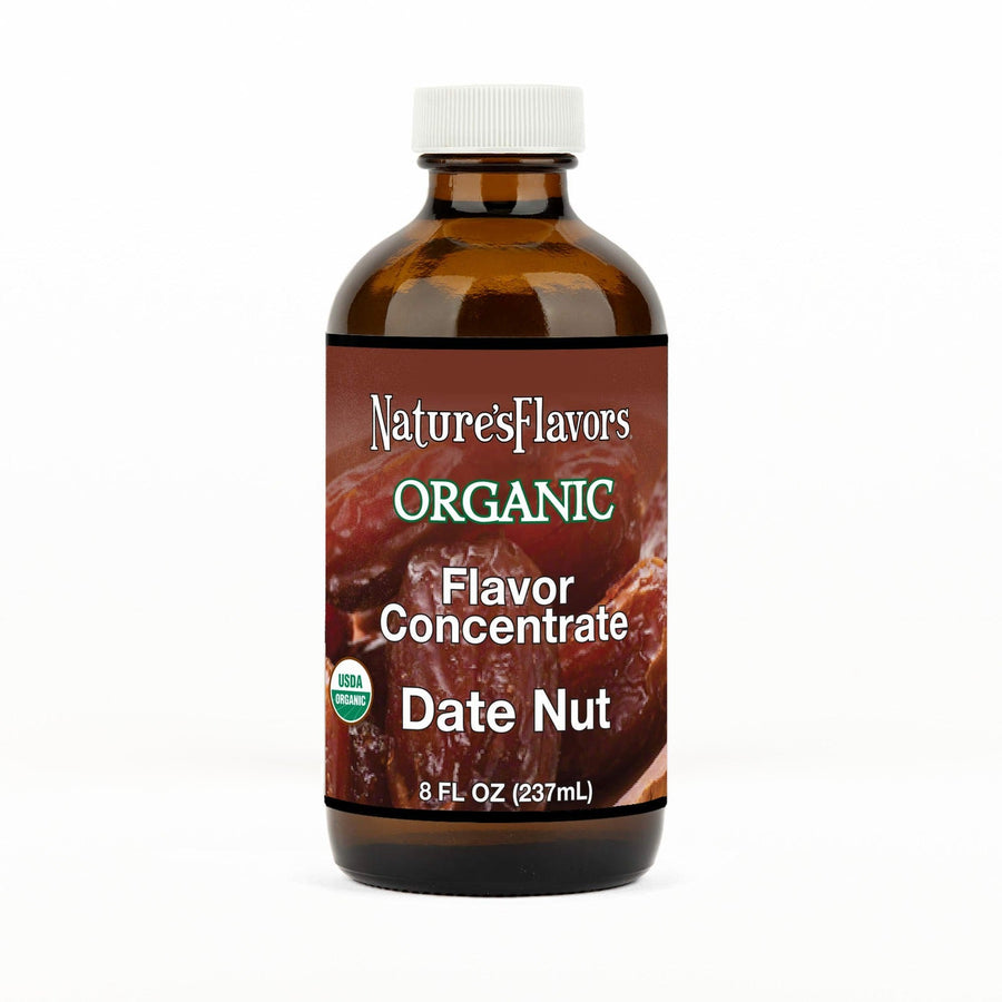 An 8 fl oz amber glass bottle of Nature's Flavors Organic Flavor Concentrate, Date Nut with a white cap, centered on a white background.