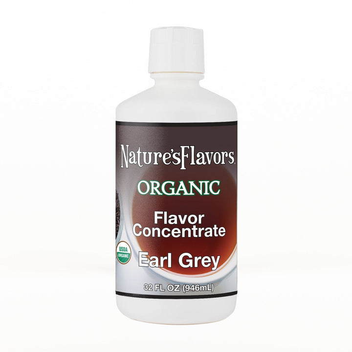 A 32 fl oz white plastic bottle of Nature's Flavors Organic Flavor Concentrate, Earl Grey with a white cap, centered on a white background.