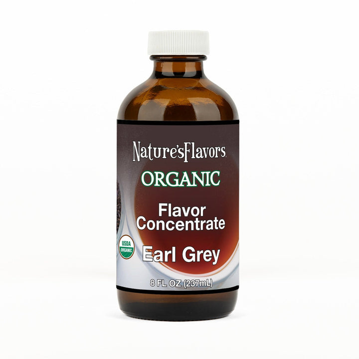 An 8 fl oz amber glass bottle of Nature's Flavors Organic Flavor Concentrate, Earl Grey with a white cap, centered on a white background.