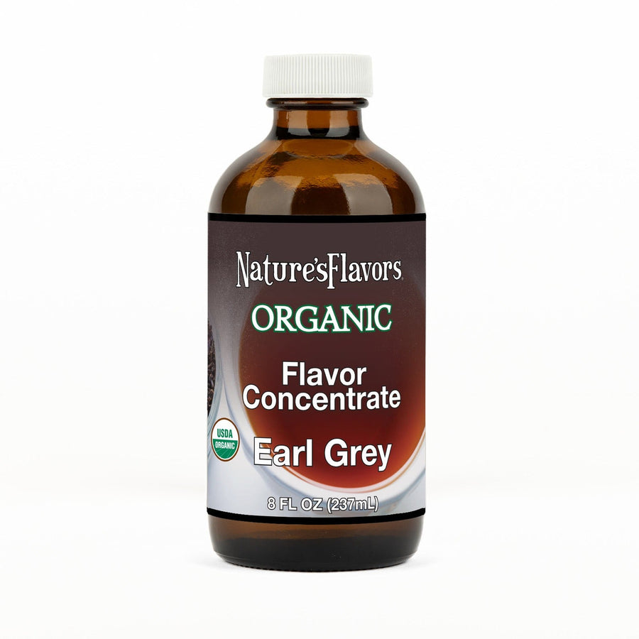An 8 fl oz amber glass bottle of Nature's Flavors Organic Flavor Concentrate, Earl Grey with a white cap, centered on a white background.