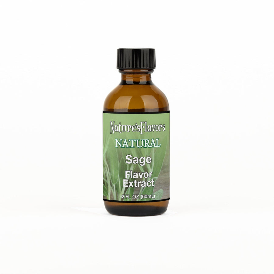 A 2 fl oz amber glass bottle of Nature's Flavors Sage Flavor Extract, Natural with a black cap, centered on a white background.