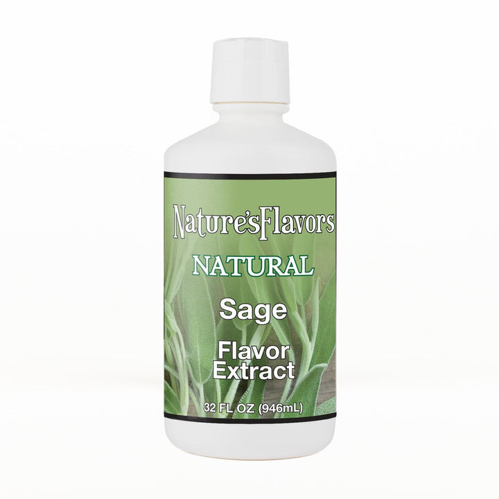 A 32 fl oz white plastic bottle of Nature's Flavors Sage Flavor Extract, Natural with a white cap, centered on a white background.