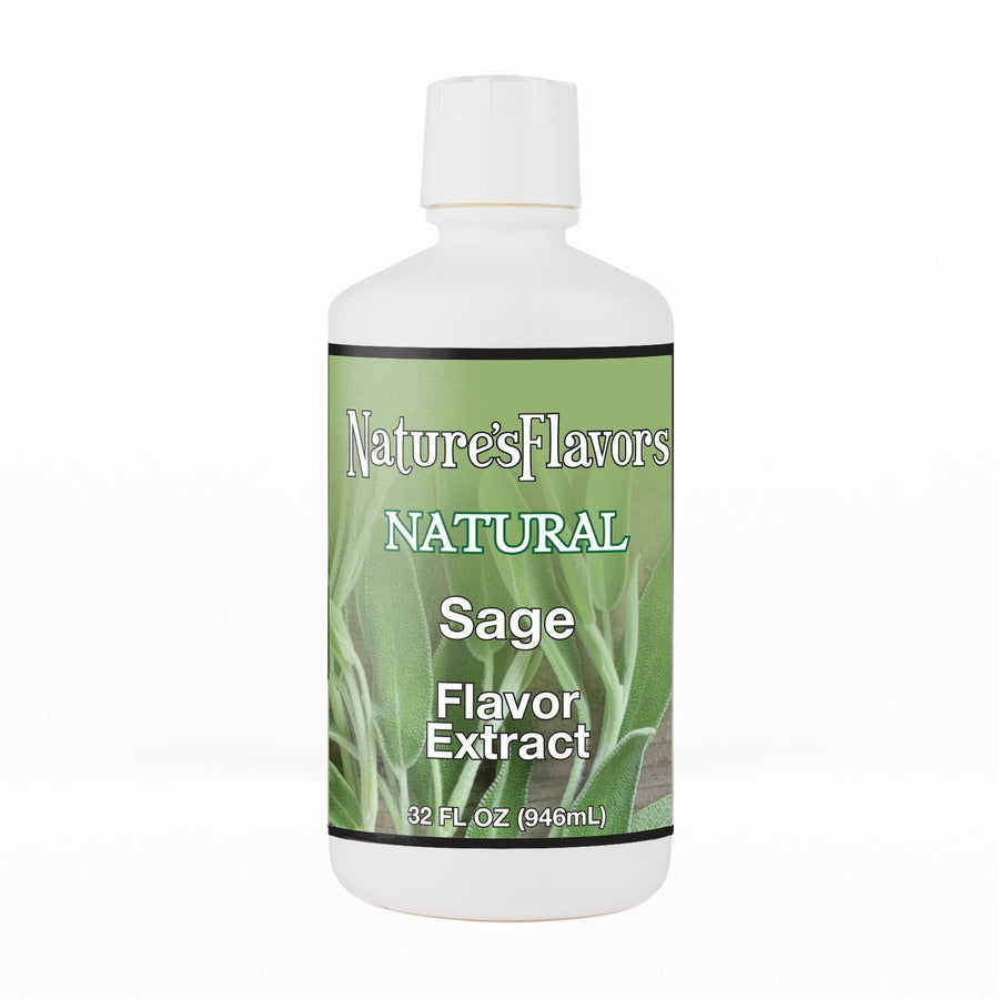 A 32 fl oz white plastic bottle of Nature's Flavors Sage Flavor Extract, Natural with a white cap, centered on a white background.
