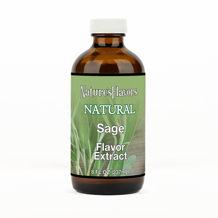 An 8 fl oz amber glass bottle of Nature's Flavors Sage Flavor Extract, Natural with a white cap, centered on a white background.