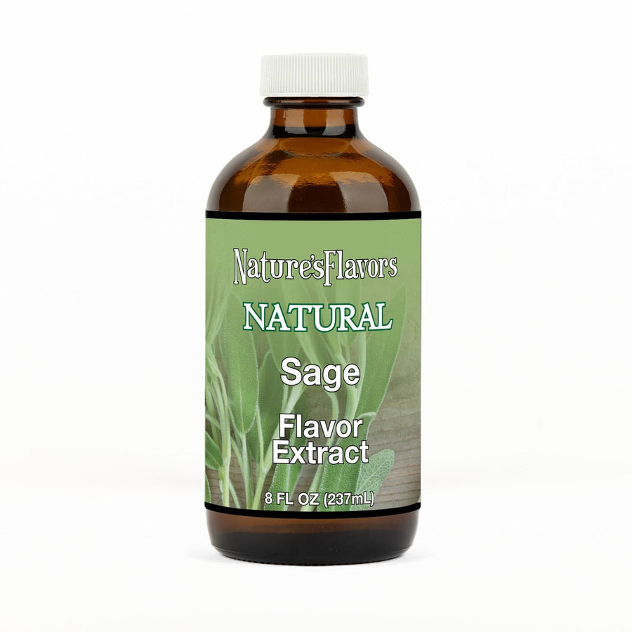 An 8 fl oz amber glass bottle of Nature's Flavors Sage Flavor Extract, Natural with a white cap, centered on a white background.