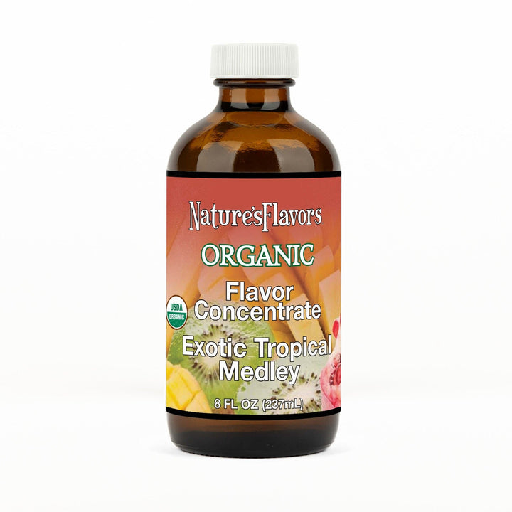 An 8 fl oz amber glass bottle of Nature's Flavors Organic Flavor Concentrate, Exotic Tropical Medley with a white cap, centered on a white background.