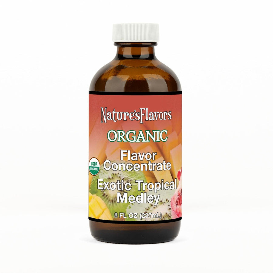 An 8 fl oz amber glass bottle of Nature's Flavors Organic Flavor Concentrate, Exotic Tropical Medley with a white cap, centered on a white background.