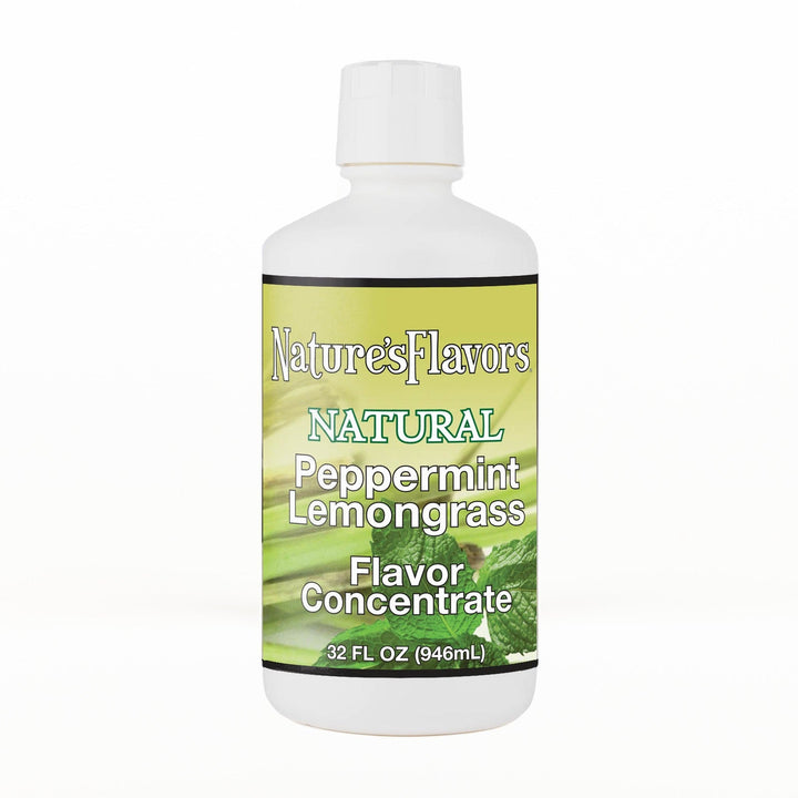 A 32 fl oz white plastic bottle of Nature's Flavors Peppermint Lemongrass Flavor Concentrate, Natural with a white cap, centered on a white background.
