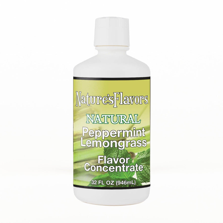 A 32 fl oz white plastic bottle of Nature's Flavors Peppermint Lemongrass Flavor Concentrate, Natural with a white cap, centered on a white background.
