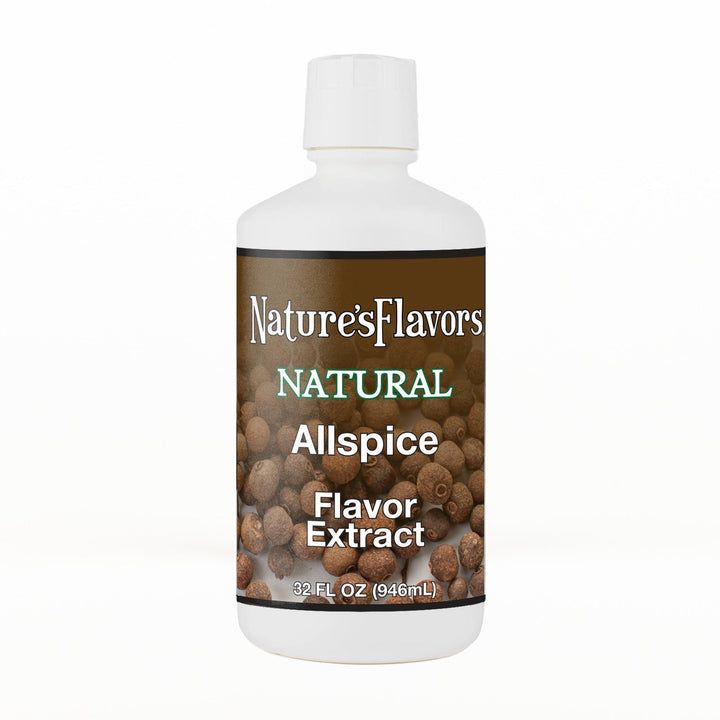 A 32 fl oz white plastic bottle of Nature's Flavors Allspice Flavor Extract, Natural with a white cap, centered on a white background.