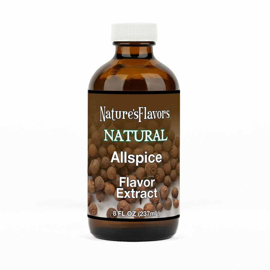 An 8 fl oz amber glass bottle of Nature's Flavors Allspice Flavor Extract, Natural with a white cap, centered on a white background.