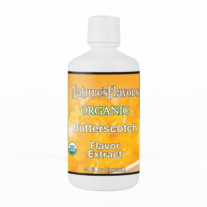 A 32 fl oz white plastic bottle of Nature's Flavors Butterscotch Flavor Extract, Organic with a white cap, centered on a white background.