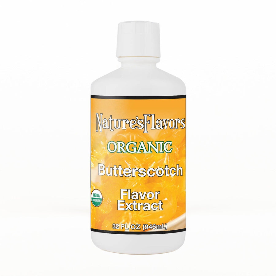 A 32 fl oz white plastic bottle of Nature's Flavors Butterscotch Flavor Extract, Organic with a white cap, centered on a white background.