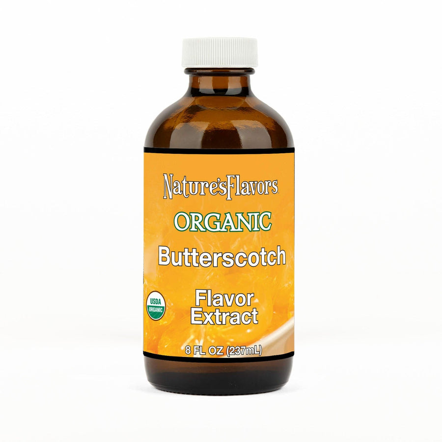 An 8 fl oz amber glass bottle of Nature's Flavors Butterscotch Flavor Extract, Organic with a white cap, centered on a white background.