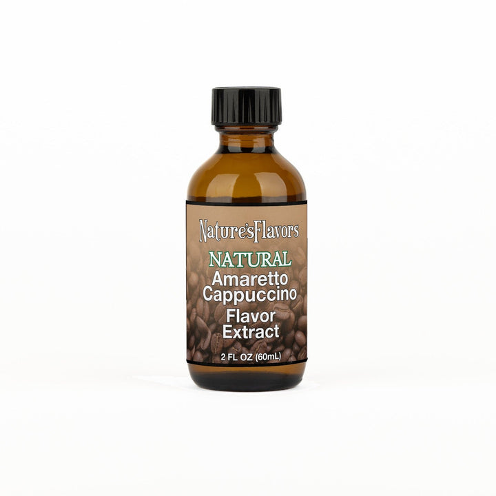 A 2 fl oz amber glass bottle of Nature's Flavors Amaretto Cappuccino Flavor Extract, Natural with a black cap, centered on a white background.