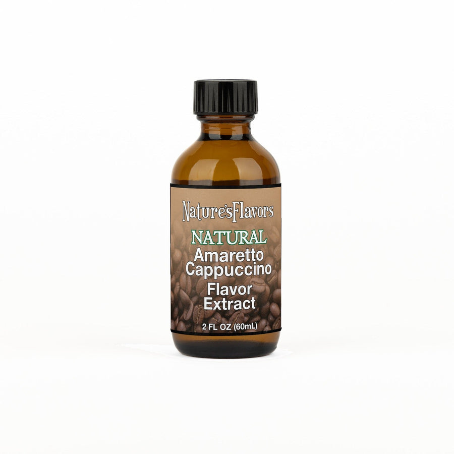 A 2 fl oz amber glass bottle of Nature's Flavors Amaretto Cappuccino Flavor Extract, Natural with a black cap, centered on a white background.