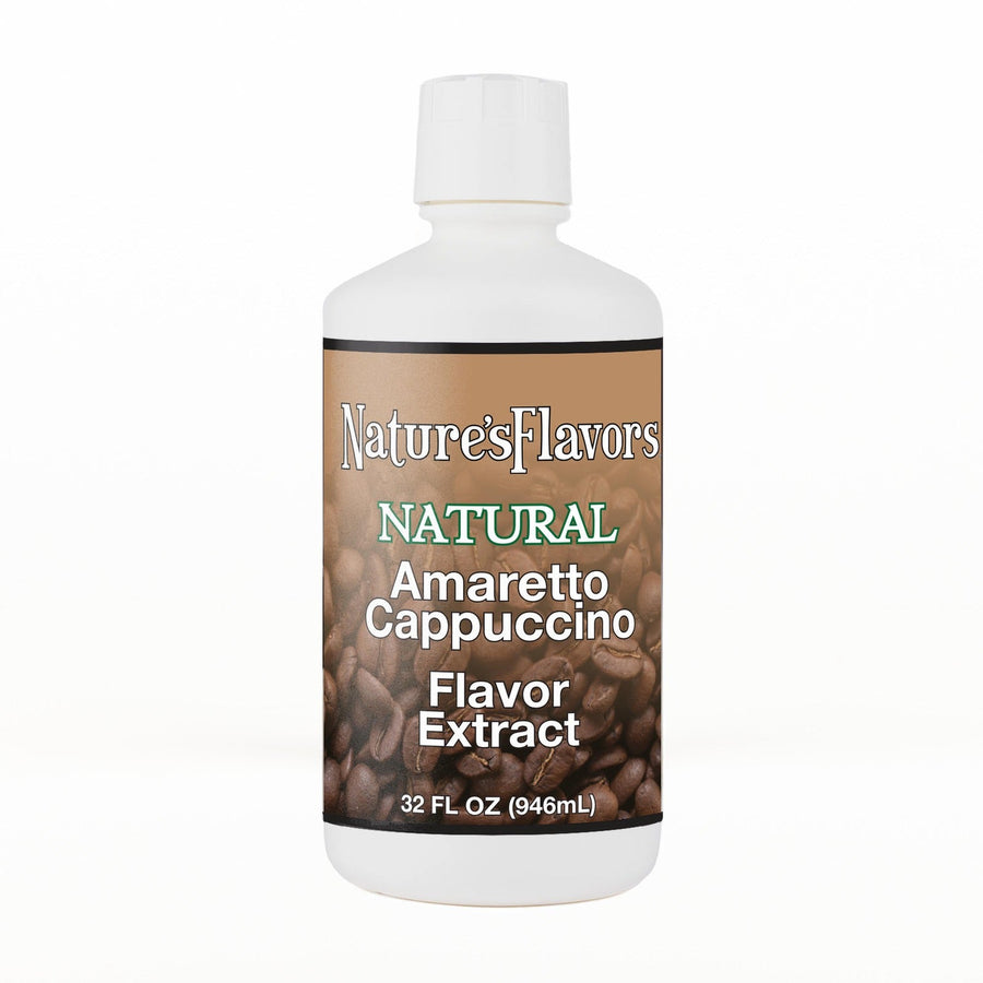 A 32 fl oz white plastic bottle of Nature's Flavors Amaretto Cappuccino Flavor Extract, Natural with a white cap, centered on a white background.