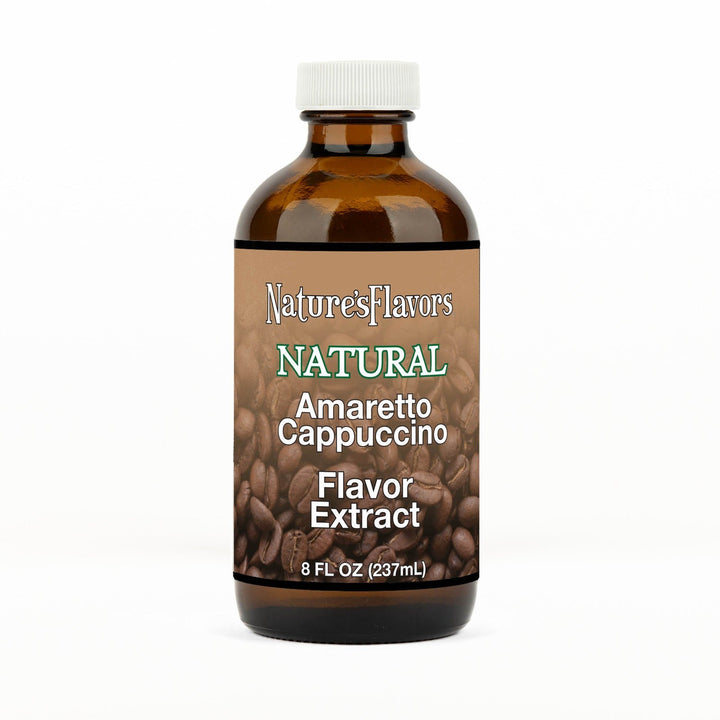 An 8 fl oz amber glass bottle of Nature's Flavors Amaretto Cappuccino Flavor Extract, Natural with a white cap, centered on a white background.