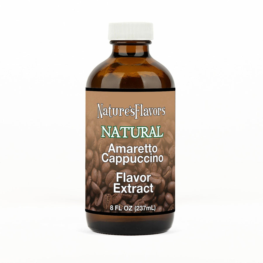 An 8 fl oz amber glass bottle of Nature's Flavors Amaretto Cappuccino Flavor Extract, Natural with a white cap, centered on a white background.