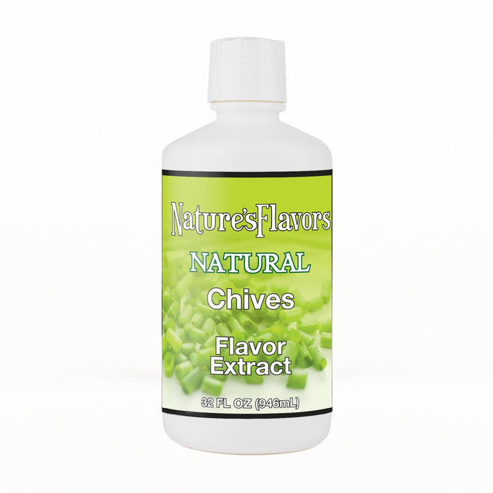 A 32 fl oz white plastic bottle of Nature's Flavors Chives Flavor Extract, Natural with a white cap, centered on a white background.