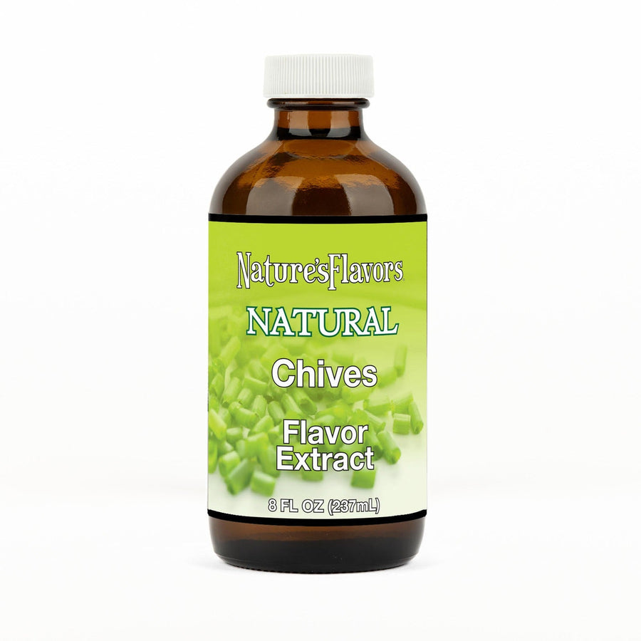 An 8 fl oz amber glass bottle of Nature's Flavors Chives Flavor Extract, Natural with a white cap, centered on a white background.
