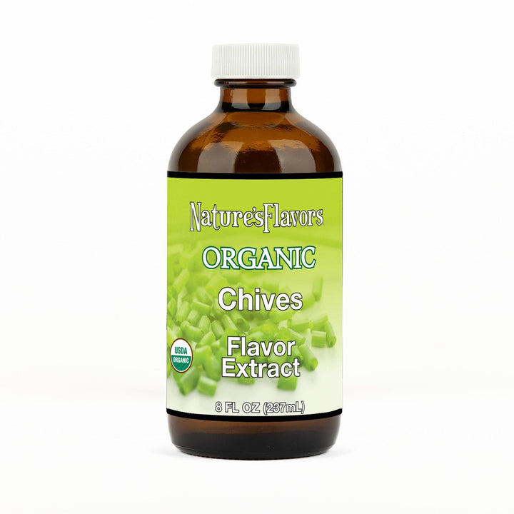 An 8 fl oz amber glass bottle of Nature's Flavors Chives Flavor Extract, Organic with a white cap, centered on a white background.