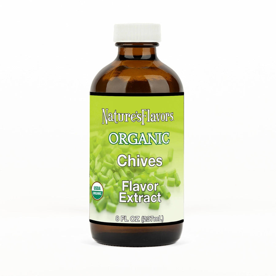 An 8 fl oz amber glass bottle of Nature's Flavors Chives Flavor Extract, Organic with a white cap, centered on a white background.