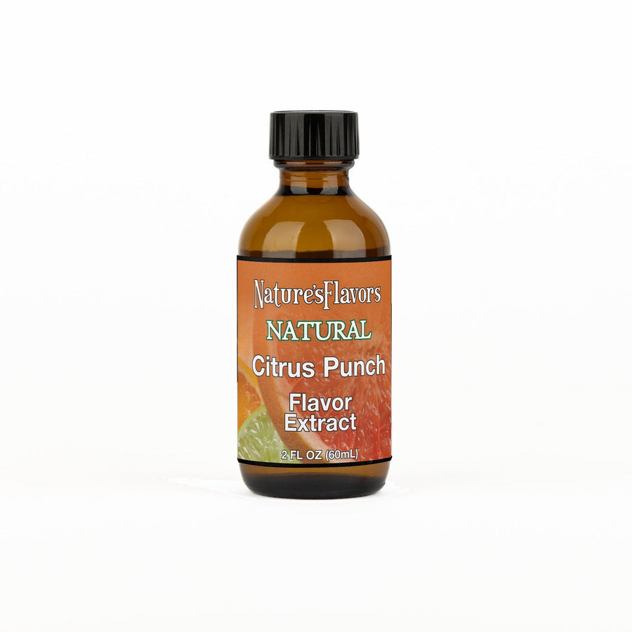 A 2 fl oz amber glass bottle of Nature's Flavors Citrus Punch Flavor Extract, Natural with a black cap, centered on a white background.