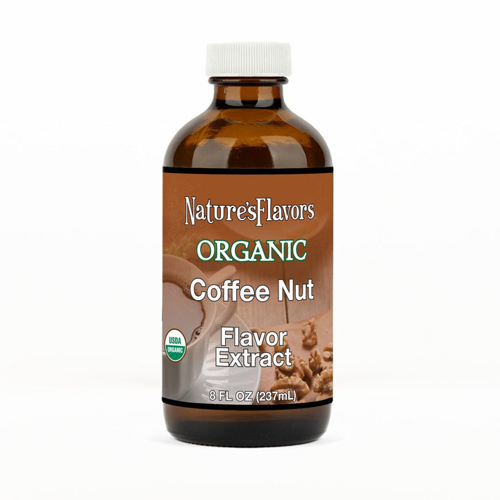 An 8 fl oz amber glass bottle of Nature's Flavors Coffee Nut Flavor Extract, Organic with a white cap, centered on a white background.