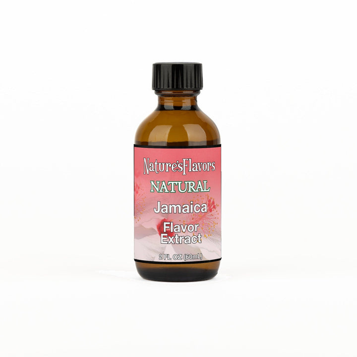 A 2 fl oz amber glass bottle of Nature's Flavors Jamaica Flavor Extract, Natural with a black cap, centered on a white background.