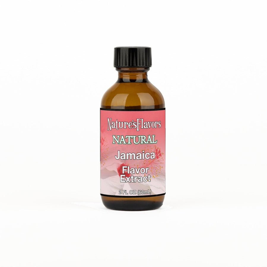 A 2 fl oz amber glass bottle of Nature's Flavors Jamaica Flavor Extract, Natural with a black cap, centered on a white background.